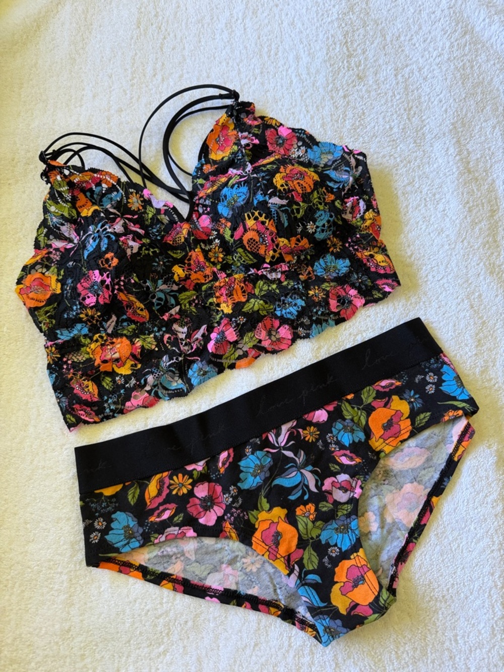 PINK Victoria's Secret Black Floral Lace Bralette and Hipster Set